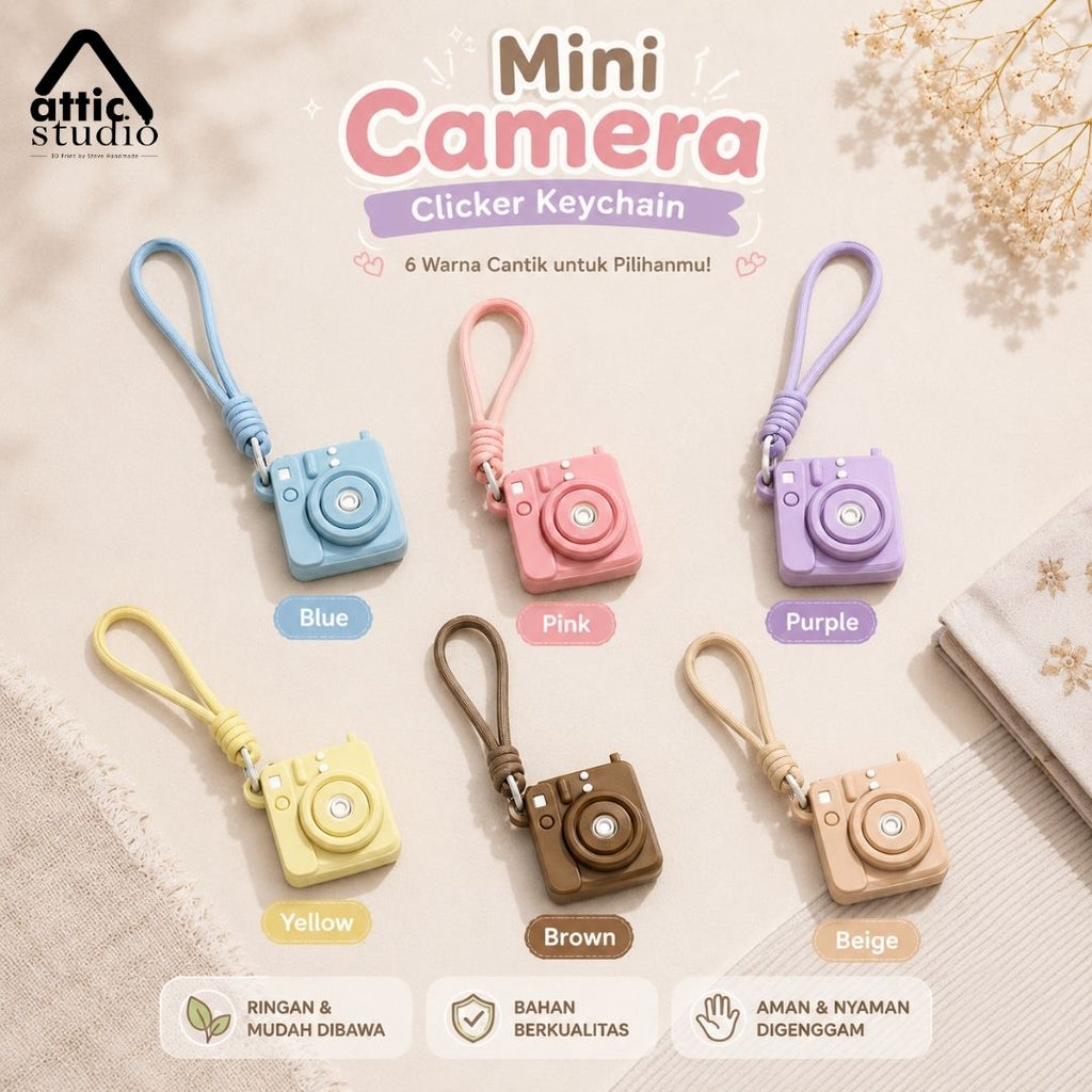 Mini Camera Clicker Keychain Custom Foto | Gantungan Tas Kamera Interaktif 6 Warna